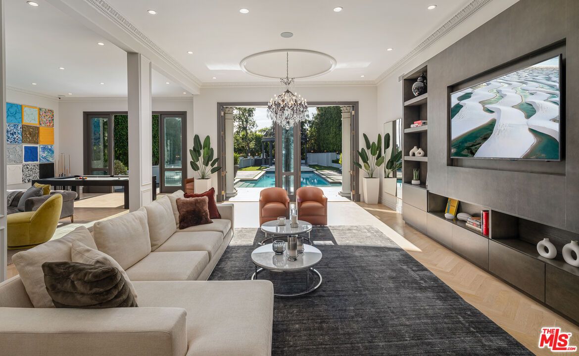 Billiard Table, Chandelier, Game Room, Interior, Living room, Recessed Lighting, Wood Texture Flooring