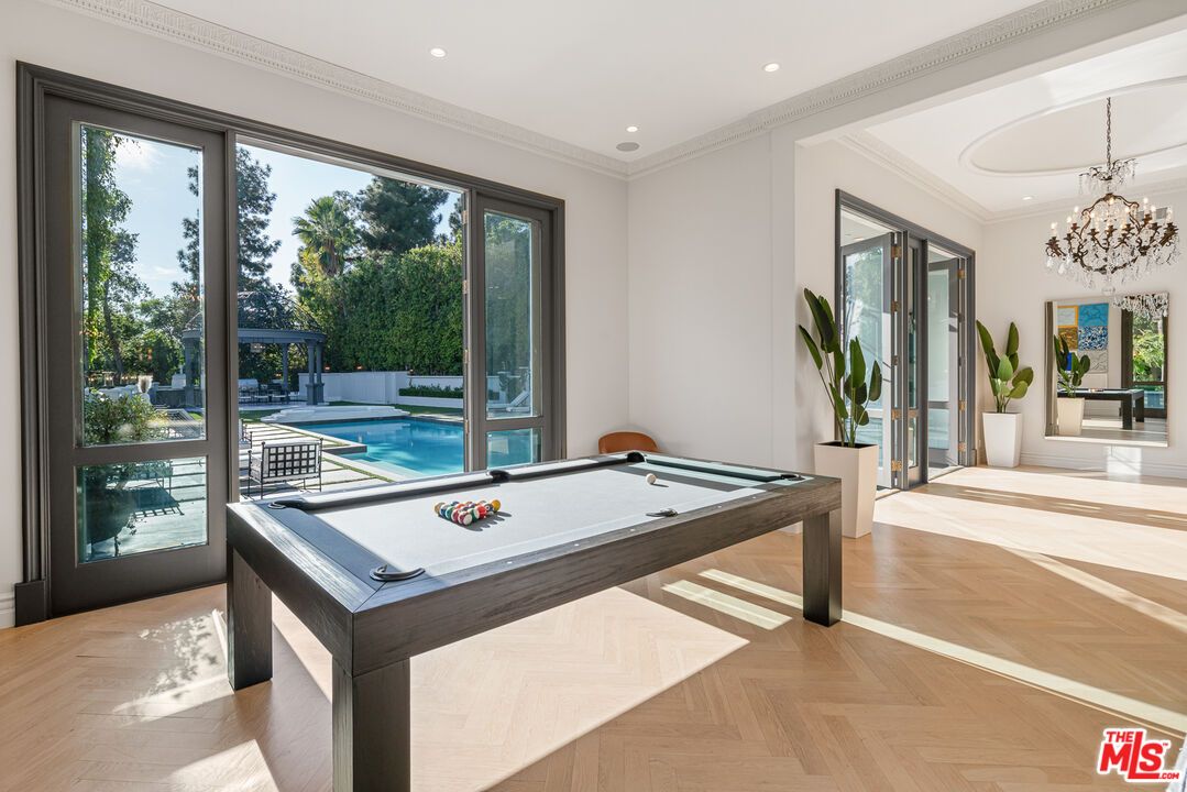 Billiard Table, Chandelier, Game Room, Interior, Recessed Lighting, Wood Texture Flooring