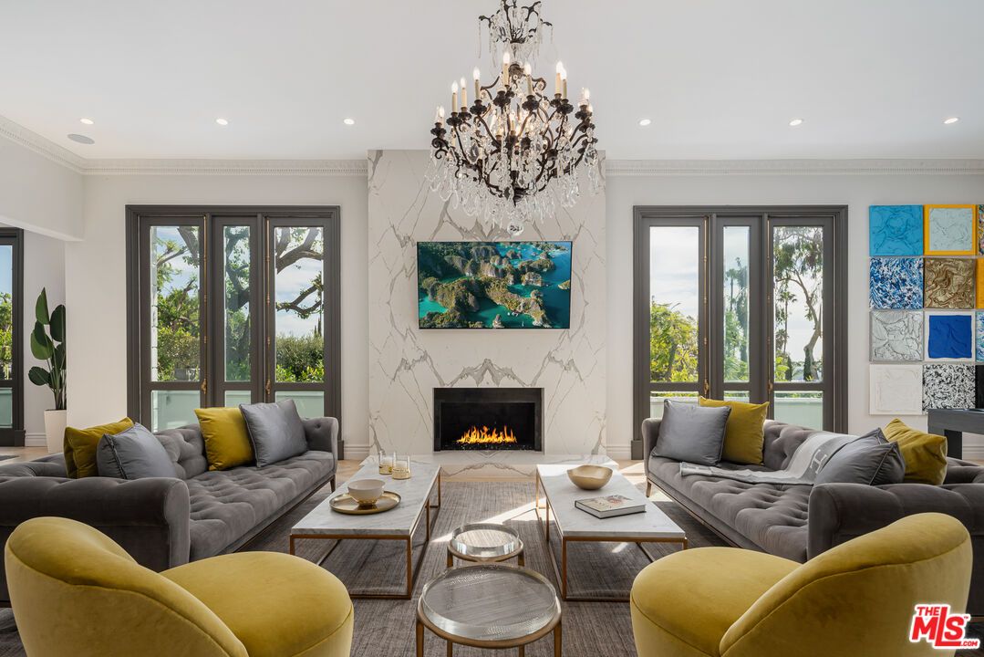 Chandelier, Fireplace, Interior, Living room, Marble Walls, Recessed Lighting