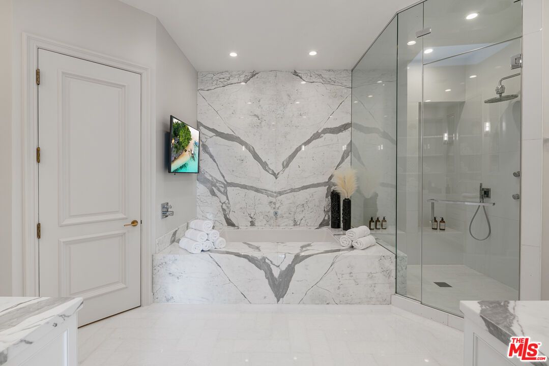 Bathroom, Glass Shower, Interior, Marble, Marble Walls, Recessed Lighting