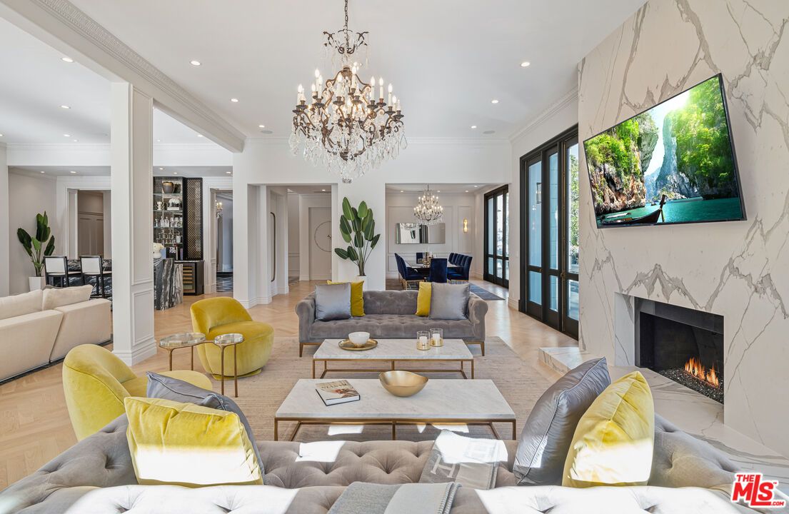 Chandelier, Dining room, Fireplace, Interior, Living room, Recessed Lighting, Wood Texture Flooring
