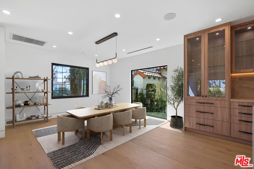 Dining room, Interior, Pendant Lights, Recessed Lighting, Wood Texture Flooring