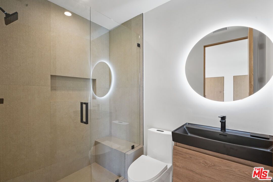 Bathroom, Glass Shower, Interior, Recessed Lighting, Wood Texture Flooring