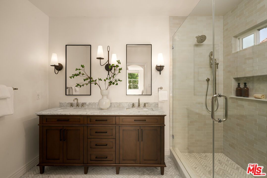 Bathroom, Dual Sink Vanities, Glass Shower, Interior, Stone Walls