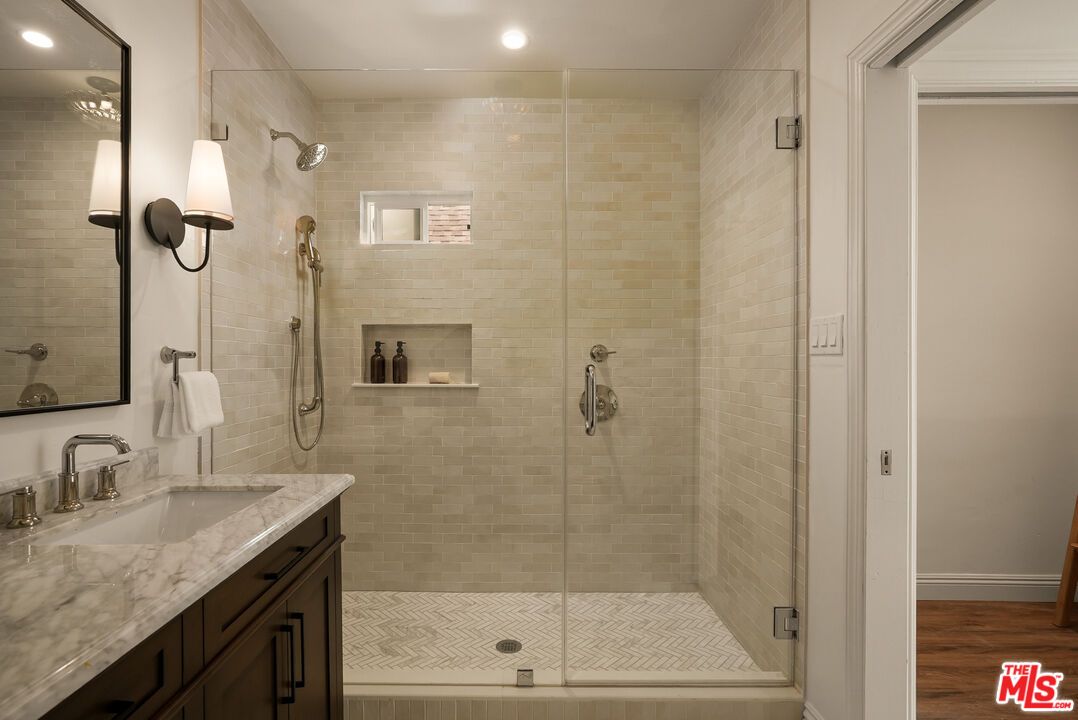 Bathroom, Glass Shower, Interior, Recessed Lighting, Wood Texture Flooring