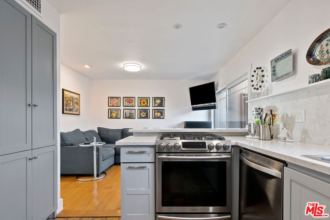 Interior, Kitchen, Living room, Recessed Lighting, Stainless Steel Appliances, Wood Texture Flooring