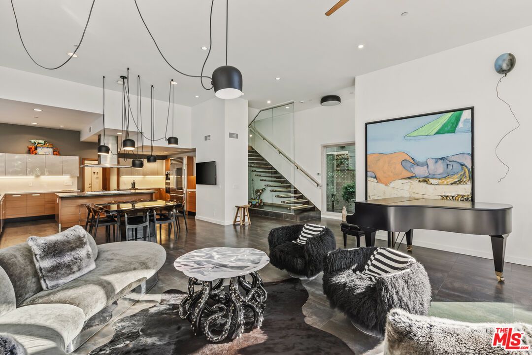 Dining room, Interior, Kitchen, Living room, Pendant Lights, Piano, Recessed Lighting, Wood Texture Flooring