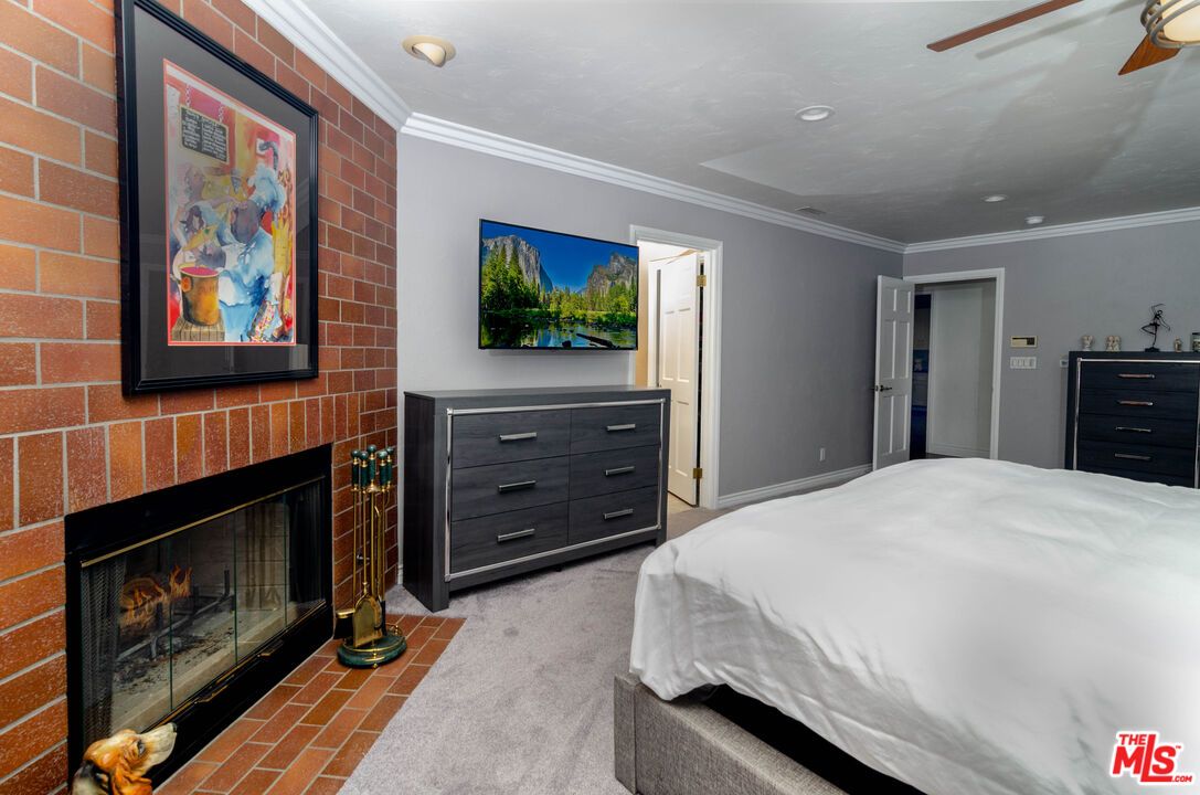 Bedroom, Fireplace, Interior, Recessed Lighting, Stone Walls