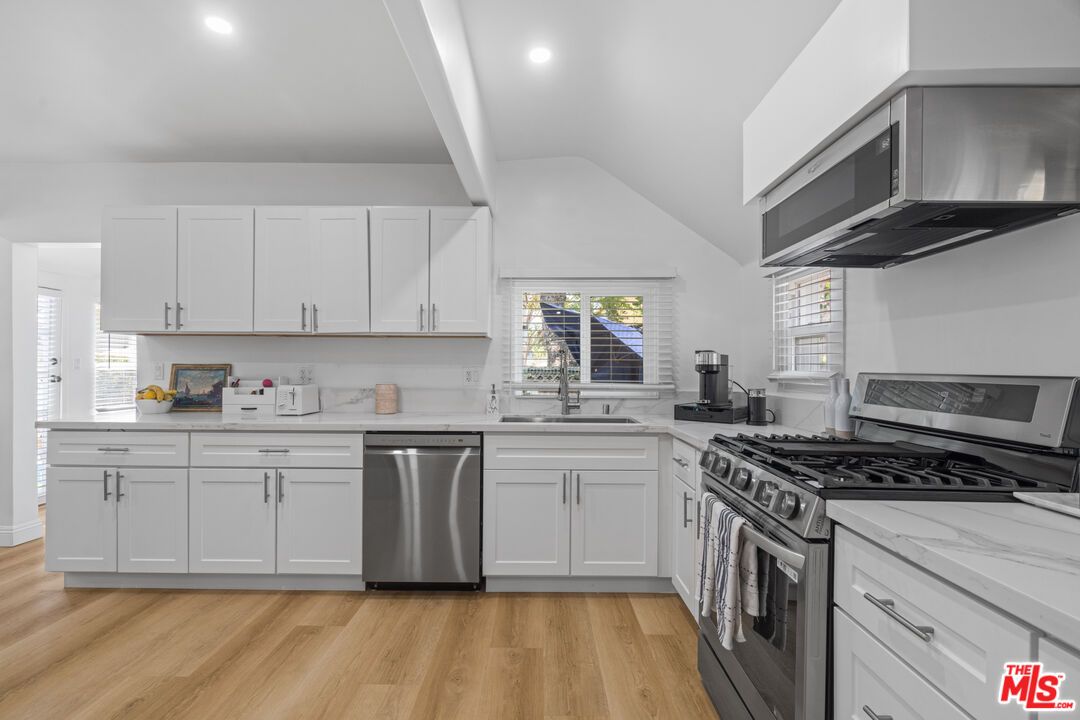 Interior, Kitchen, Recessed Lighting, Stainless Steel Appliances, Wood Texture Flooring