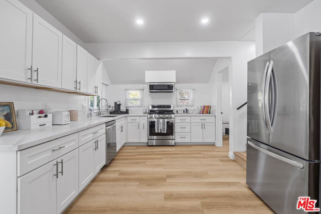 Interior, Kitchen, Recessed Lighting, Stainless Steel Appliances, Wood Texture Flooring