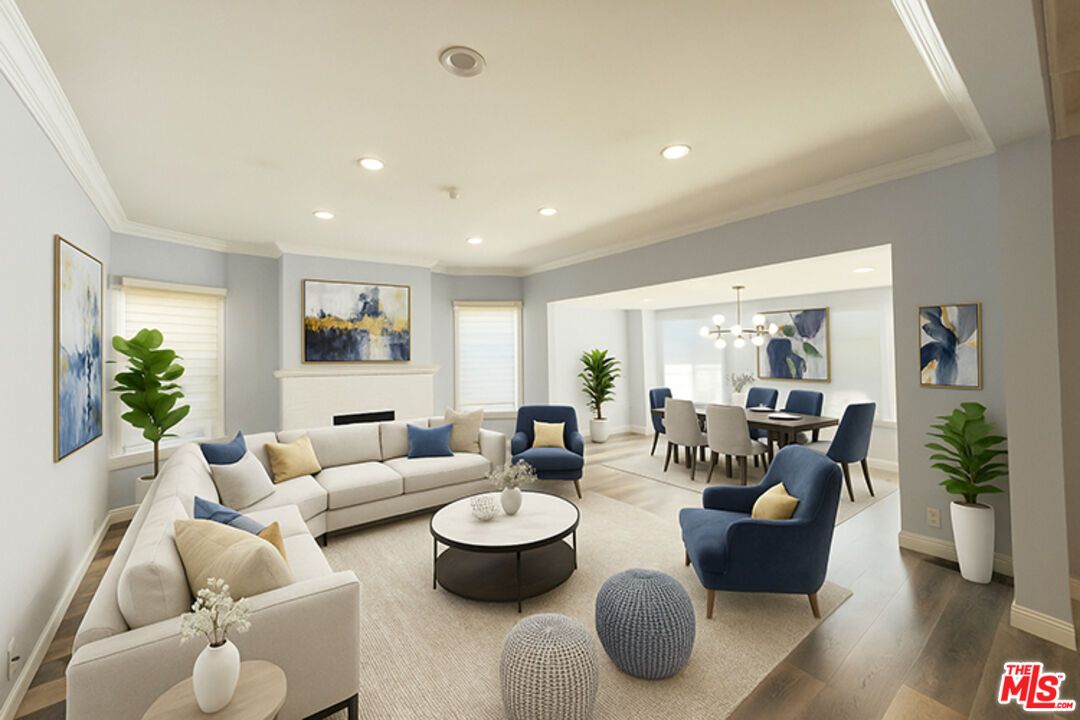 Dining room, Fireplace, Interior, Living room, Pendant Lights, Recessed Lighting, Wood Texture Flooring