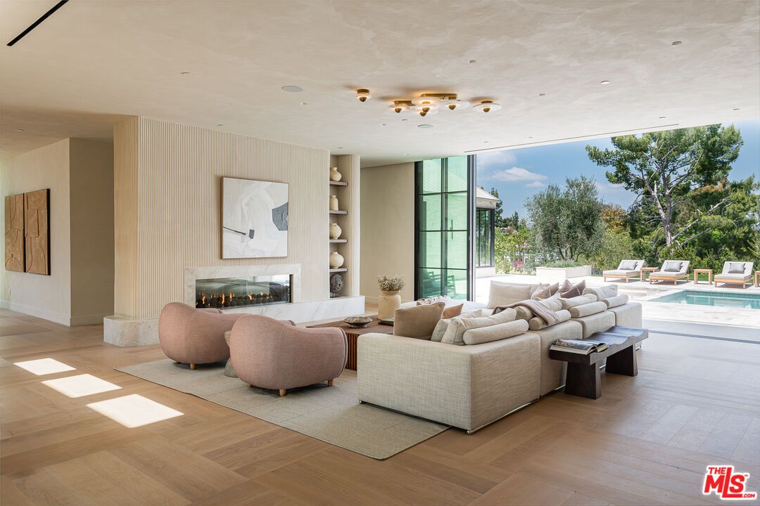 Fireplace, Interior, Living room, Pool, Recessed Lighting, Wood Texture Flooring
