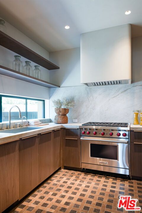 Interior, Kitchen, Marble Walls, Recessed Lighting, Stainless Steel Appliances