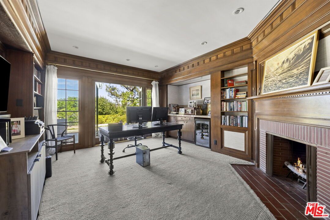 Fireplace, Home Office, Interior, Recessed Lighting, Wooden Walls