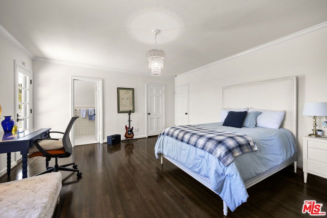 Bedroom, Chandelier, Home Office, Interior, Wood Texture Flooring
