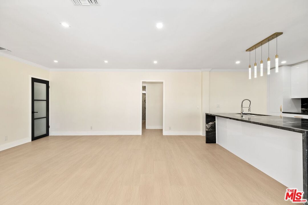 Empty room, Interior, Kitchen, Pendant Lights, Recessed Lighting, Wood Texture Flooring