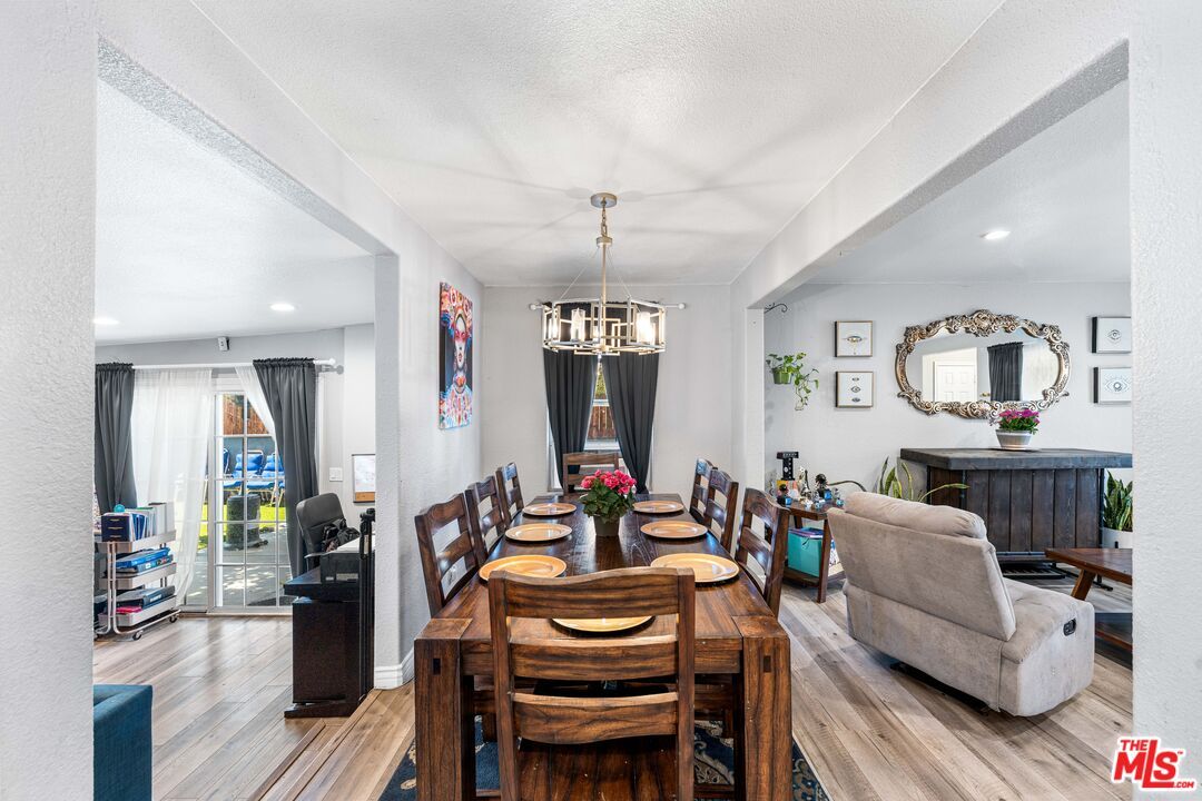 Dining room, Interior, Pendant Lights, Recessed Lighting, Wood Texture Flooring