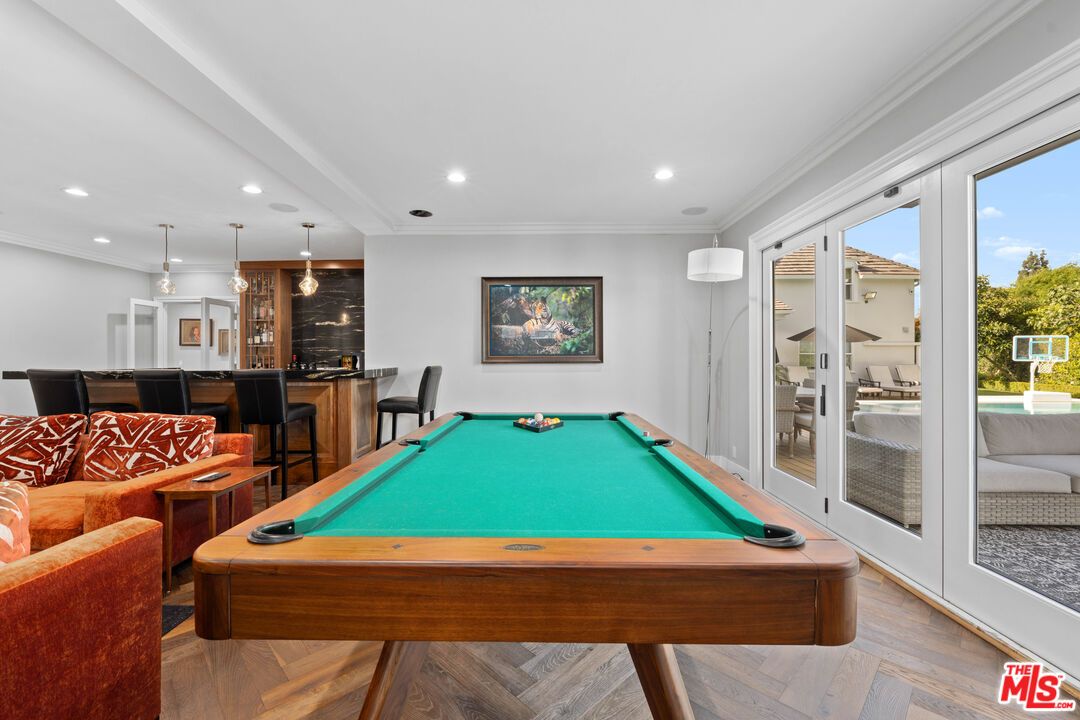 Billiard Table, Game Room, Interior, Pendant Lights, Recessed Lighting, Wood Texture Flooring
