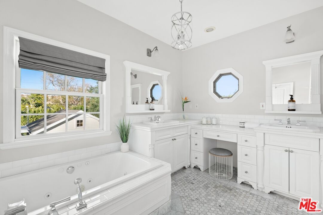 Bathroom, Chandelier, Dual Sink Vanities, Interior, Pendant Lights