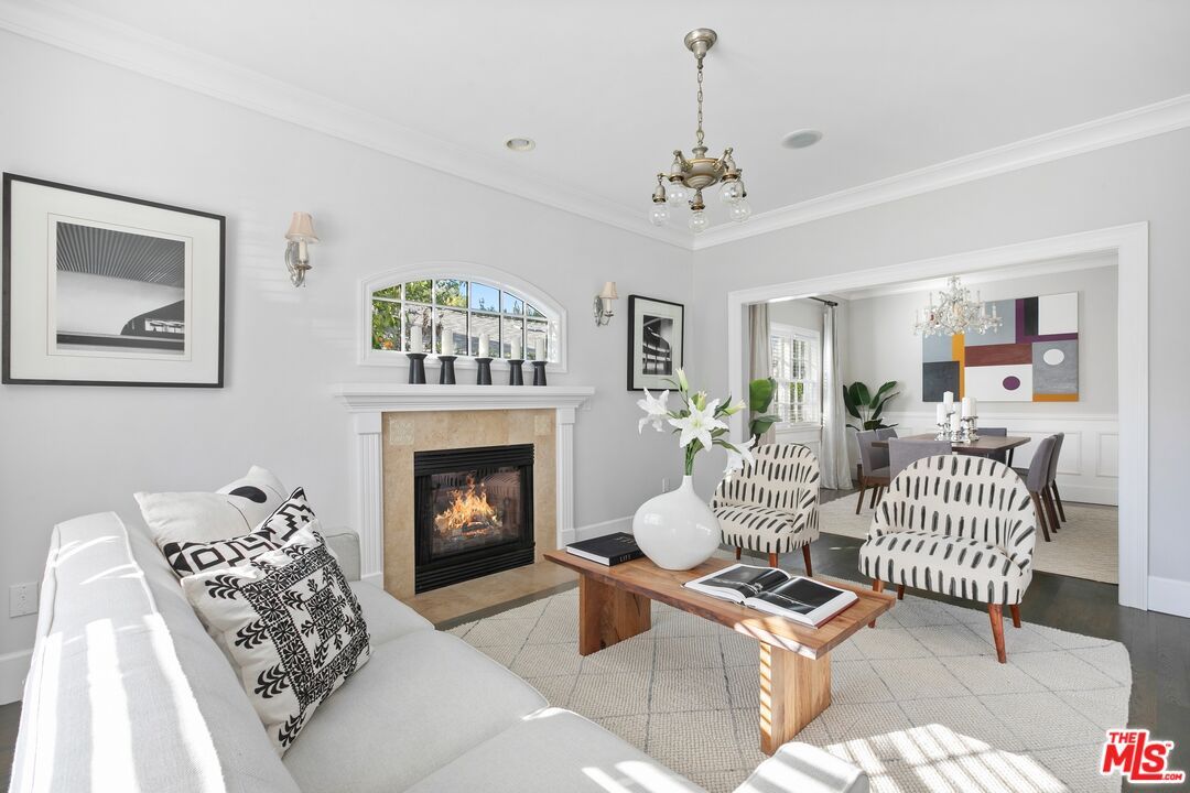 Chandelier, Dining room, Fireplace, Interior, Living room, Recessed Lighting, Wood Texture Flooring