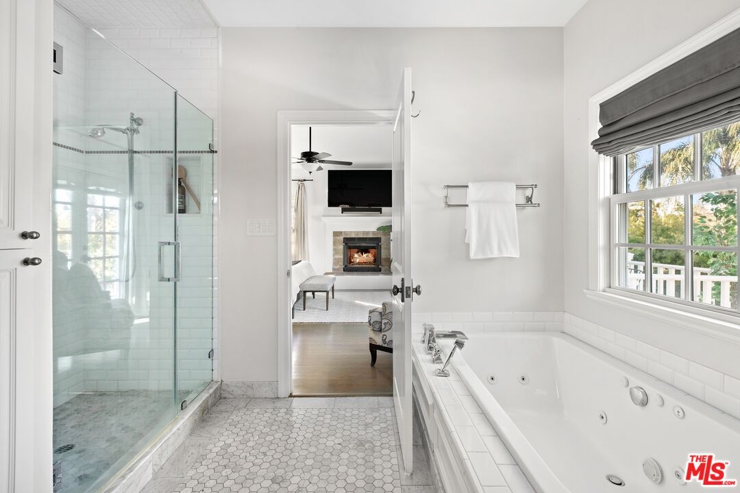 Bathroom, Fireplace, Glass Shower, Interior, Living room