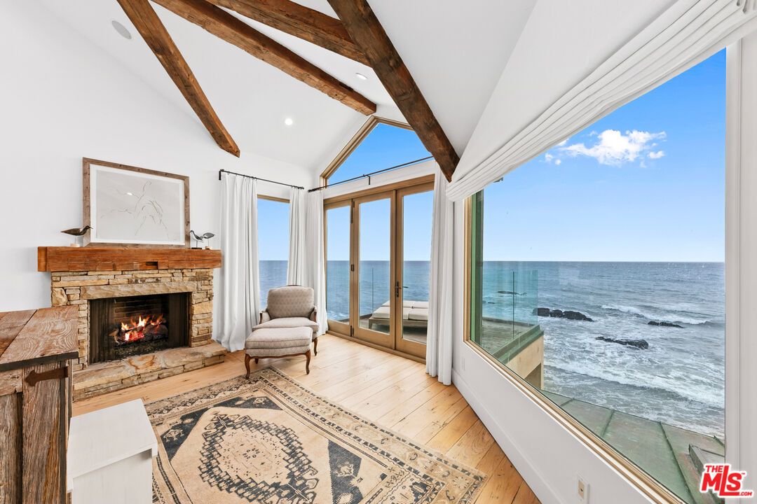 Fireplace, Interior, Recessed Lighting, Water, Wooden Beams, Wood Texture Flooring