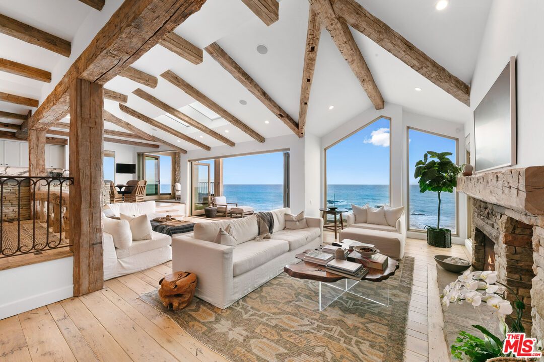 Fireplace, Interior, Living room, Recessed Lighting, Water, Wooden Beams, Wood Texture Flooring