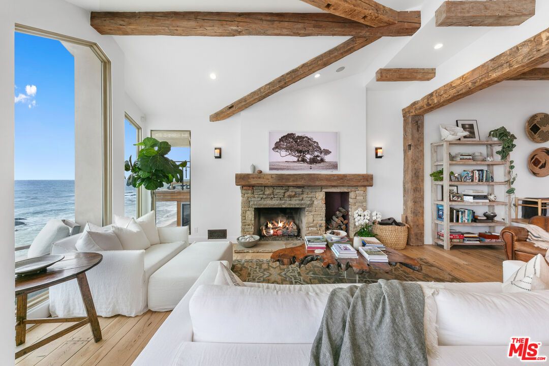 Fireplace, Interior, Living room, Recessed Lighting, Water, Wooden Beams, Wood Texture Flooring