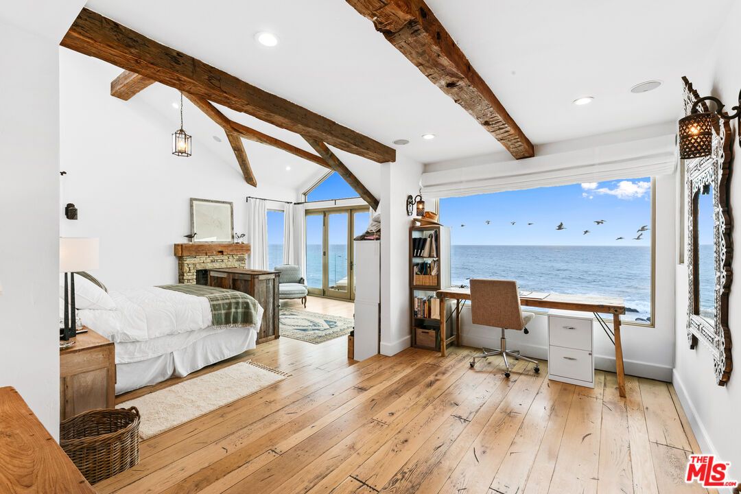 Bedroom, Fireplace, Home Office, Interior, Pendant Lights, Recessed Lighting, Water, Wooden Beams, Wood Texture Flooring