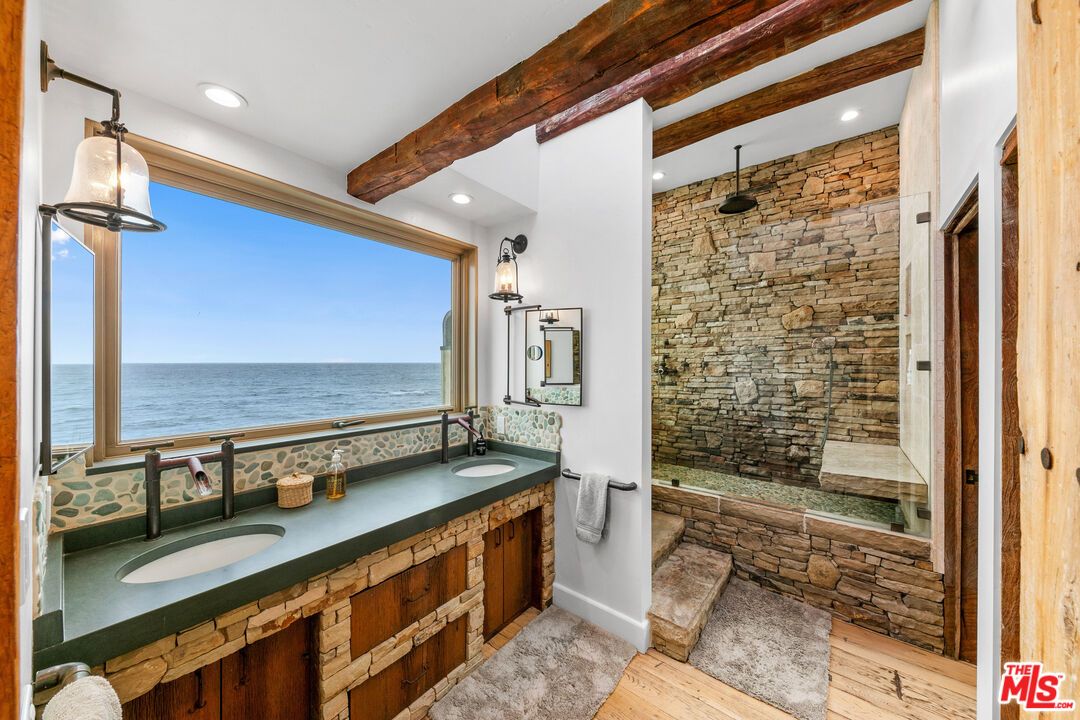 Bathroom, Dual Sink Vanities, Glass Shower, Interior, Recessed Lighting, Stone Walls, Water, Wooden Beams