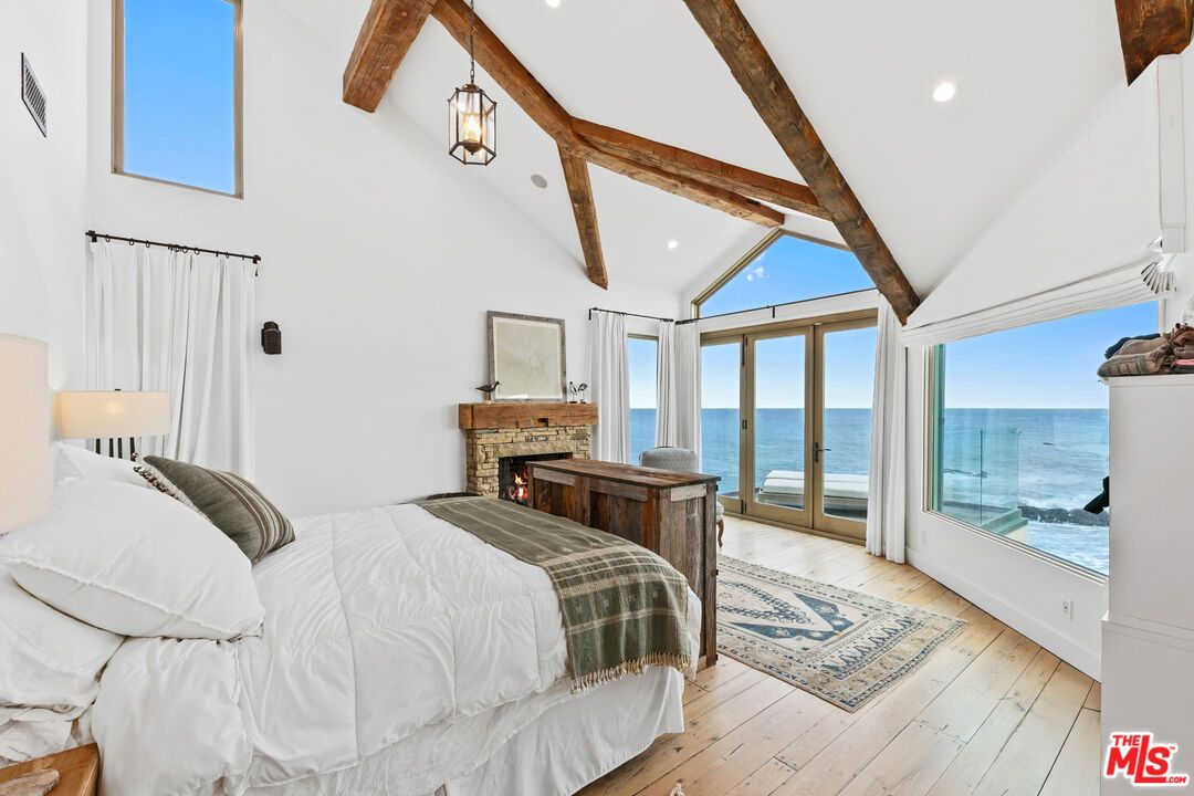Bedroom, Fireplace, Interior, Recessed Lighting, Water, Wooden Beams, Wood Texture Flooring