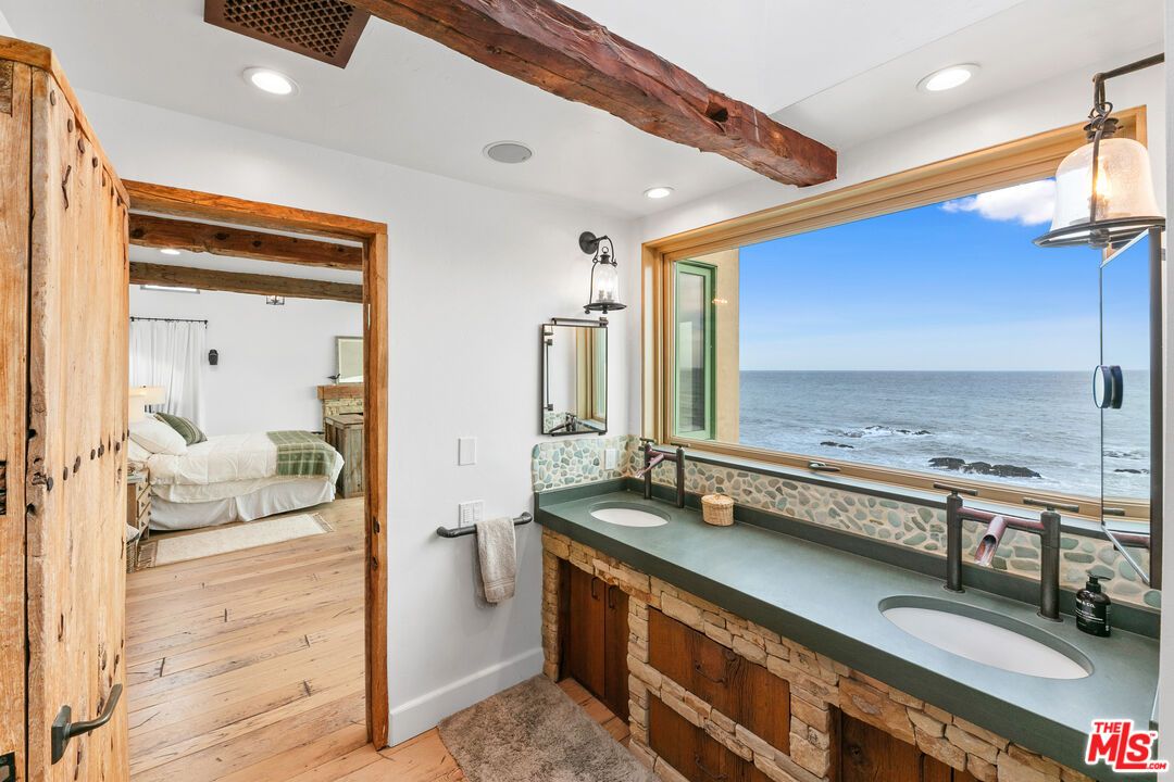 Bathroom, Bedroom, Dual Sink Vanities, Interior, Recessed Lighting, Water, Wood Texture Flooring