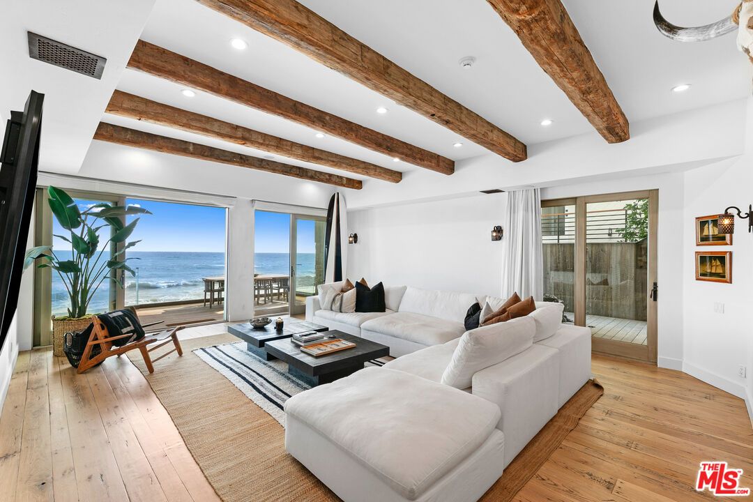 Interior, Living room, Recessed Lighting, Water, Wooden Beams, Wood Texture Flooring