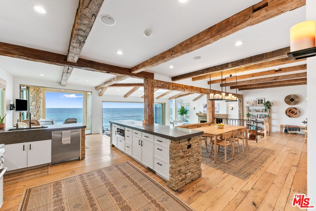Dining room, Interior, Kitchen, Pendant Lights, Recessed Lighting, Water, Wooden Beams, Wood Texture Flooring