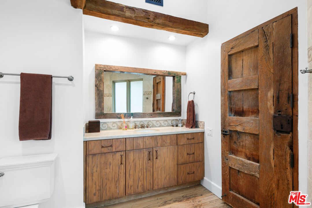 Bathroom, Interior, Recessed Lighting, Wooden Beams, Wood Texture Flooring