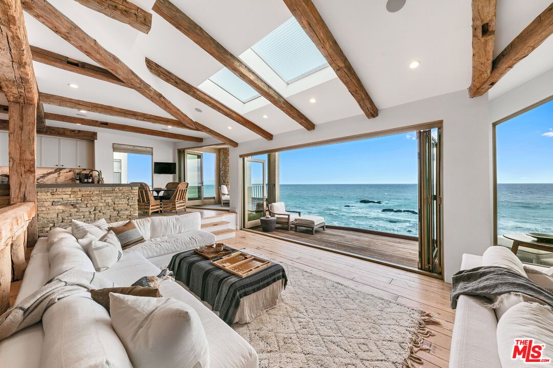 Interior, Living room, Recessed Lighting, Stone Walls, Water, Wooden Beams, Wood Texture Flooring