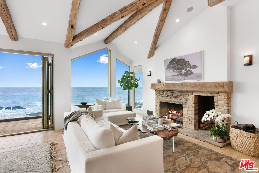 Fireplace, Interior, Living room, Recessed Lighting, Water, Wooden Beams, Wood Texture Flooring