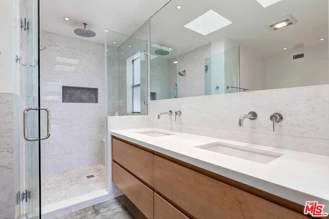 Bathroom, Dual Sink Vanities, Glass Shower, Interior, Marble Walls, Recessed Lighting