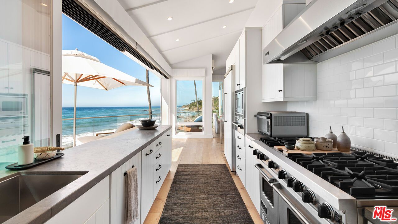 Interior, Kitchen, Recessed Lighting, Stainless Steel Appliances, Water, Wood Texture Flooring