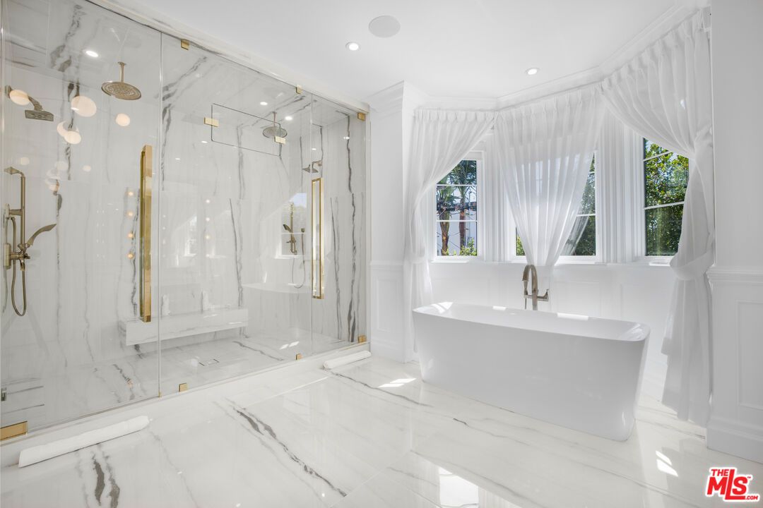 Bathroom, Free Standing Baths, Glass Shower, Interior, Marble, Marble Walls, Recessed Lighting