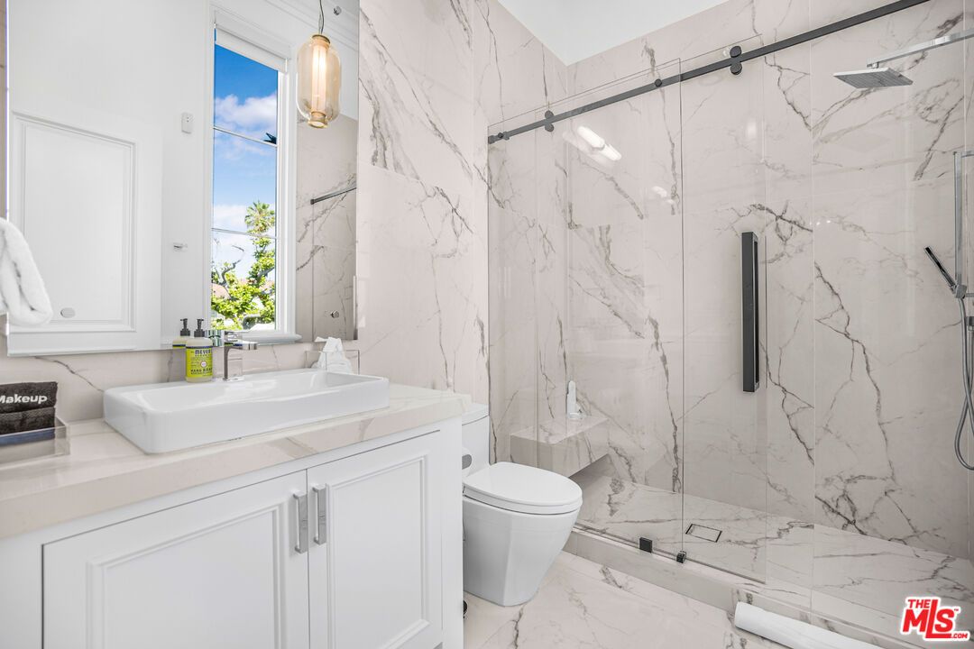 Bathroom, Glass Shower, Interior, Marble, Marble Walls, Pendant Lights