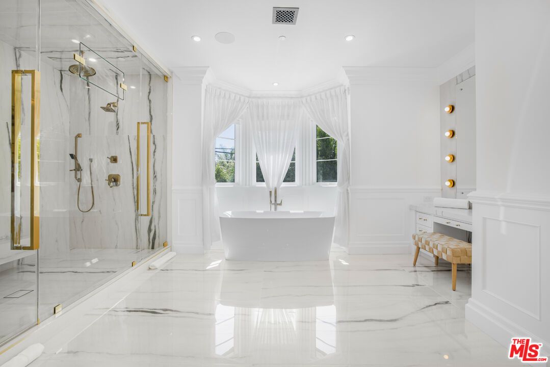 Bathroom, Free Standing Baths, Glass Shower, Interior, Marble, Marble Walls, Recessed Lighting