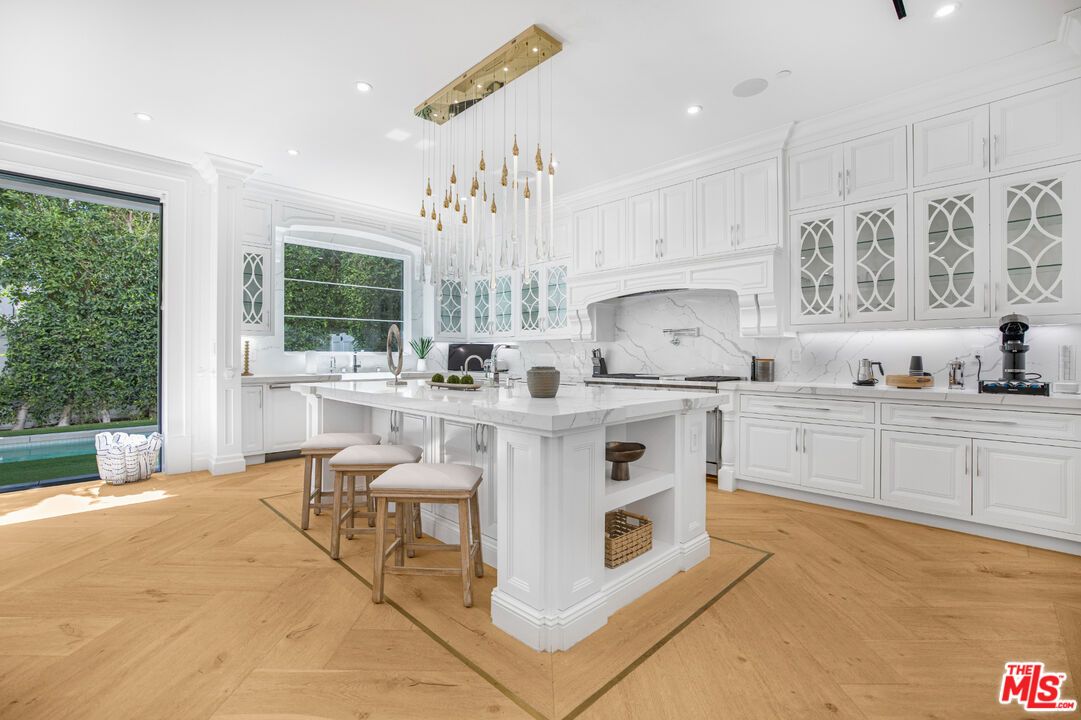 Interior, Kitchen, Marble Walls, Pendant Lights, Recessed Lighting, Wood Texture Flooring