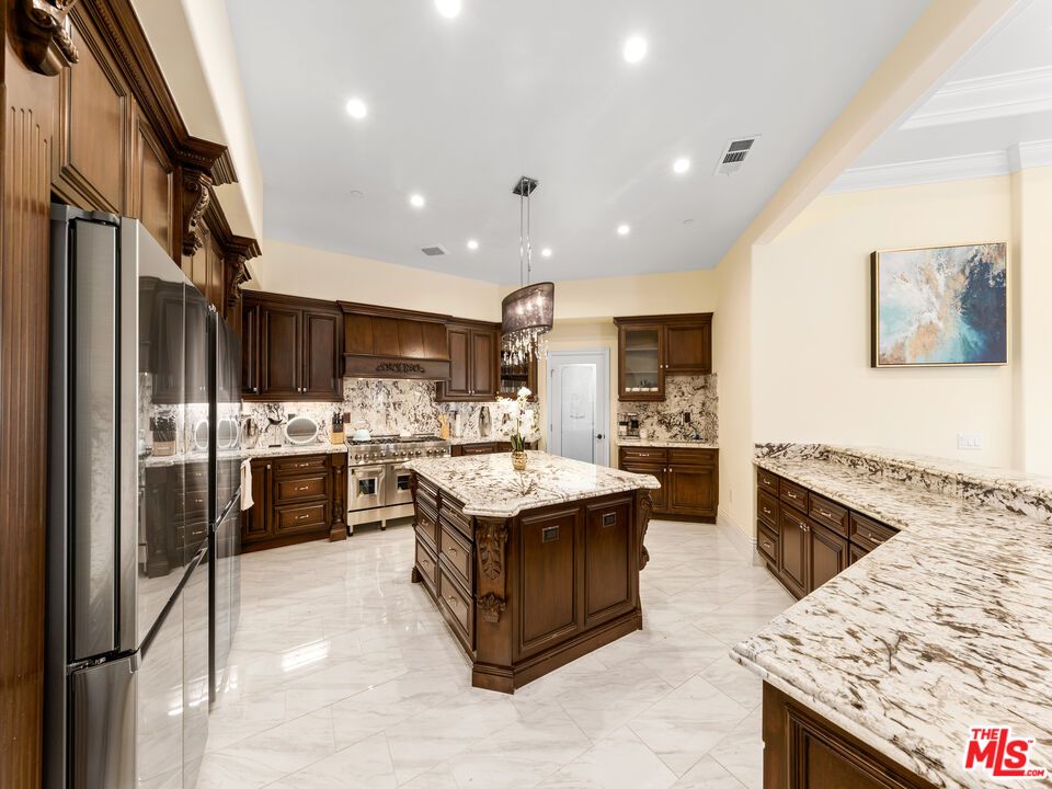 Interior, Kitchen, Marble, Pendant Lights, Recessed Lighting, Stainless Steel Appliances