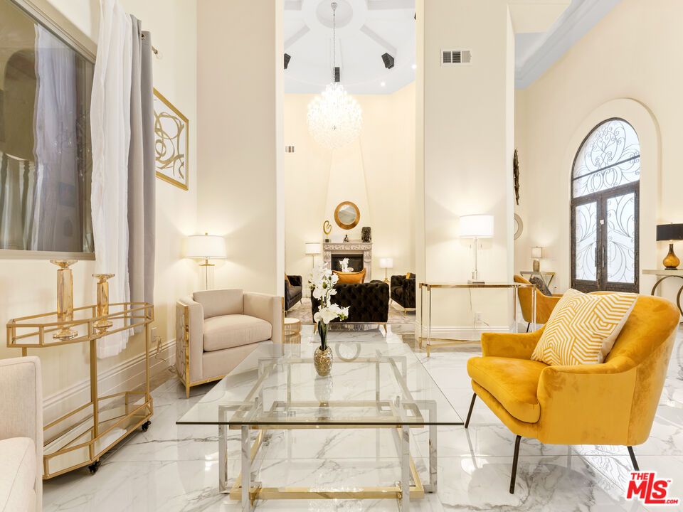 Chandelier, Fireplace, Interior, Living room, Marble, Recessed Lighting