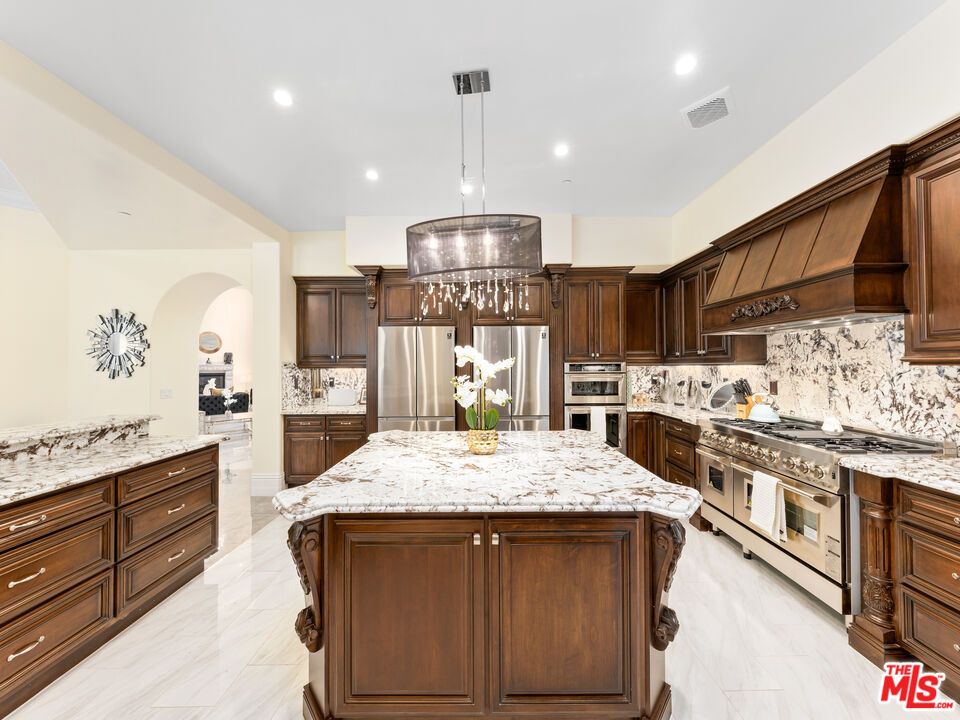 Interior, Kitchen, Marble, Pendant Lights, Recessed Lighting, Stainless Steel Appliances