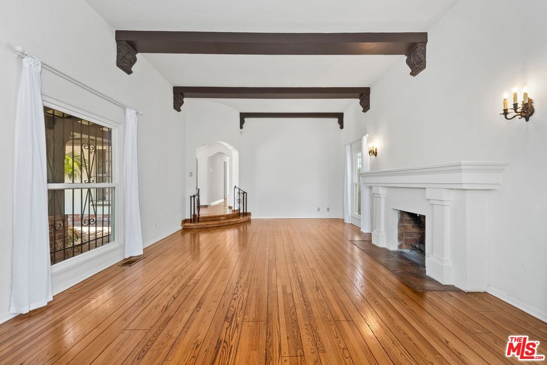 Empty room, Fireplace, Interior, Wooden Beams, Wood Texture Flooring