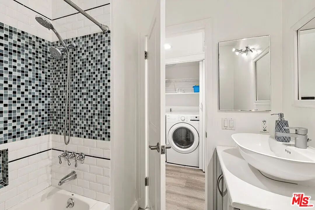 Bathroom, Interior, Recessed Lighting, Utility Closets, Washer, Wood Texture Flooring