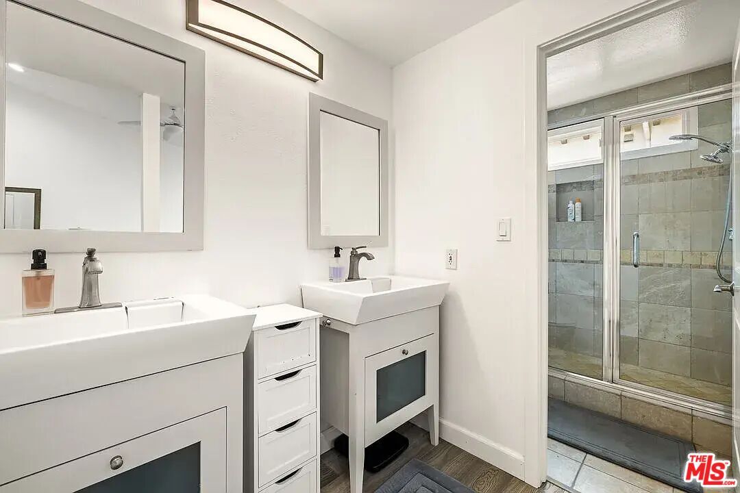 Bathroom, Dual Sink Vanities, Glass Shower, Interior, Wood Texture Flooring