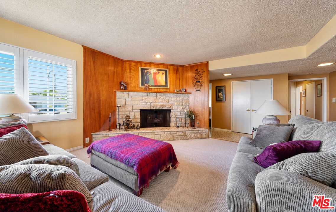 Fireplace, Interior, Living room, Recessed Lighting, Wooden Walls